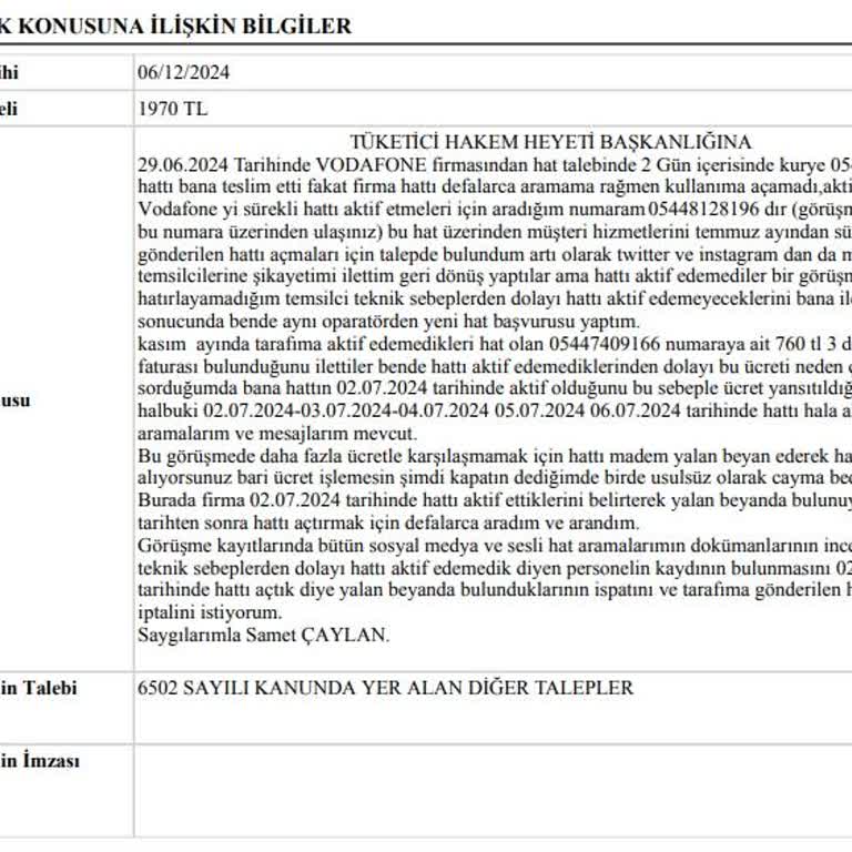 Vodafone'un Haksız Ücret Talebi Ve Yetersiz Müşteri Hizmeti