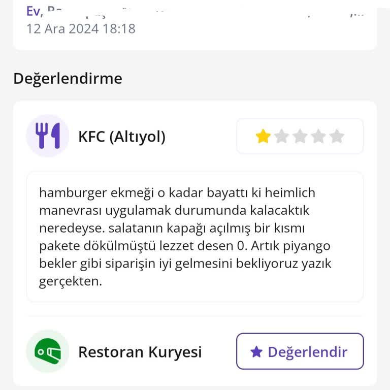 KFC Siparişi Sonrası Gıda Zehirlenmesi Şikayeti