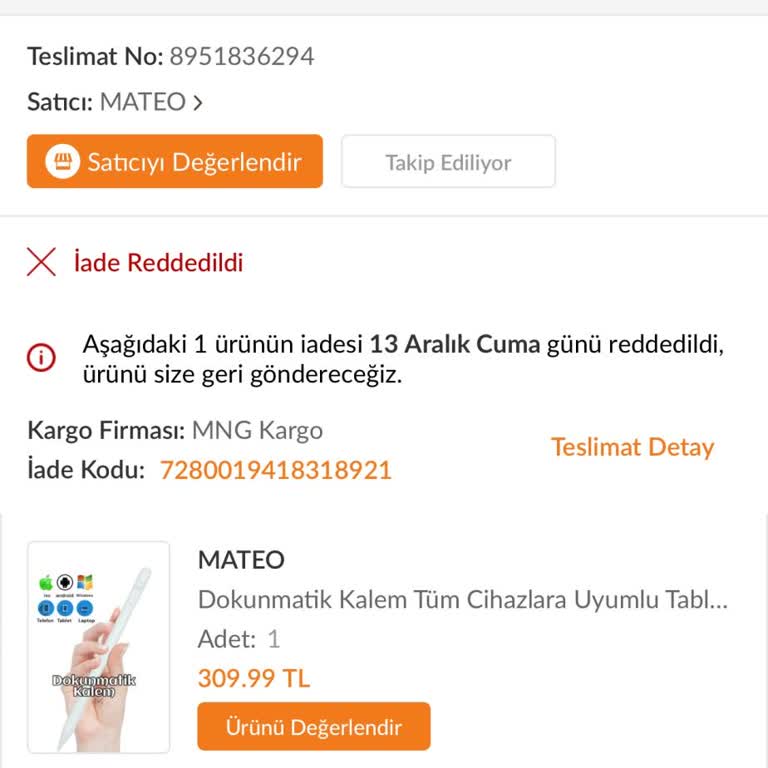 Mateo Trendyol'dan Aldığım Kalem Çalışmıyor Ve İade Edilmiyor
