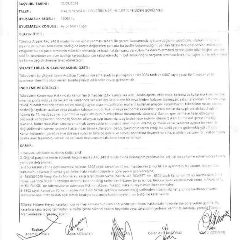 Arçelik Fırın Tamiri: Mahkeme Kararına Rağmen Teslim Edilmeyen Ürün