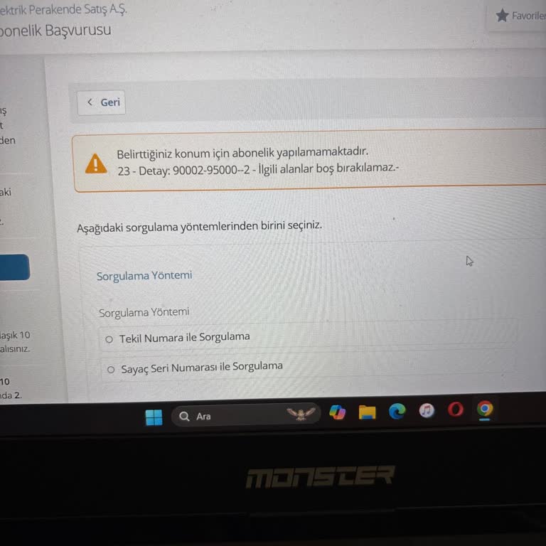 Online Abonelik Başvurusunda Hata Mesajı