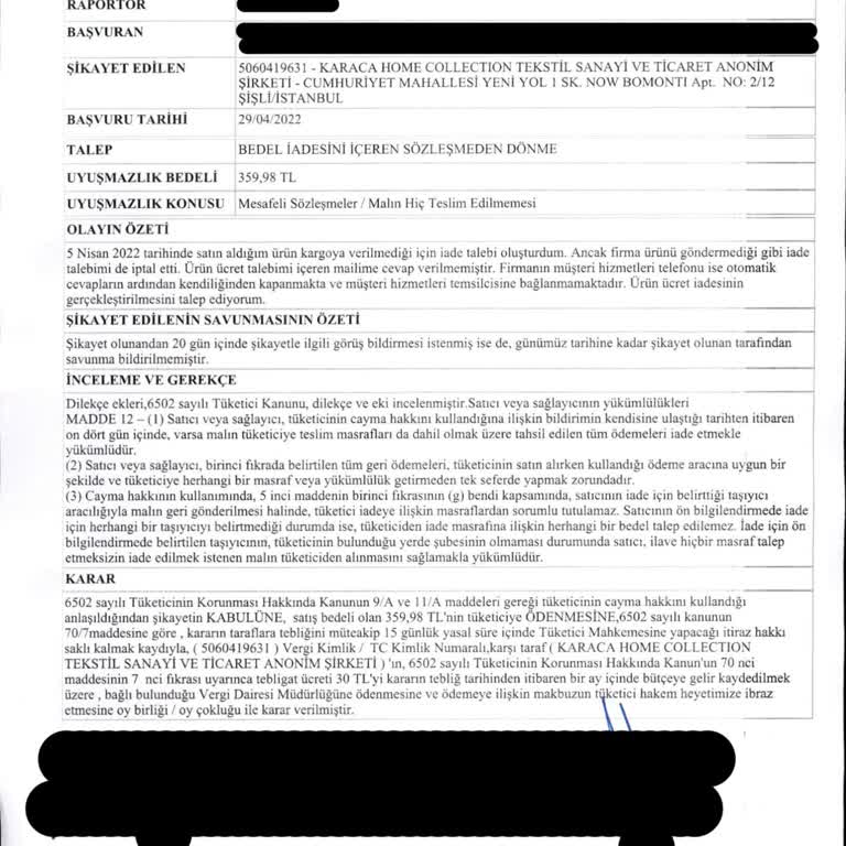 Karaca Home'dan Alınan Ürünlerin İadesi Yapılmadı