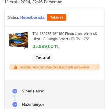 Televizyon Siparişimde Tedarik Sorunu Ve Para İadesi Sorunu