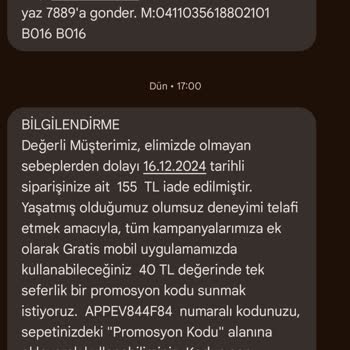 Gratis'ten Anlamsız SMS Ve İade Sorunu