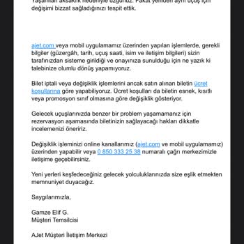Ajet Uygulamasında Yanlış Bilet Değişikliği Ücreti