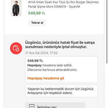 Hatalı Fiyat Sebebiyle İptal Edilen Sipariş