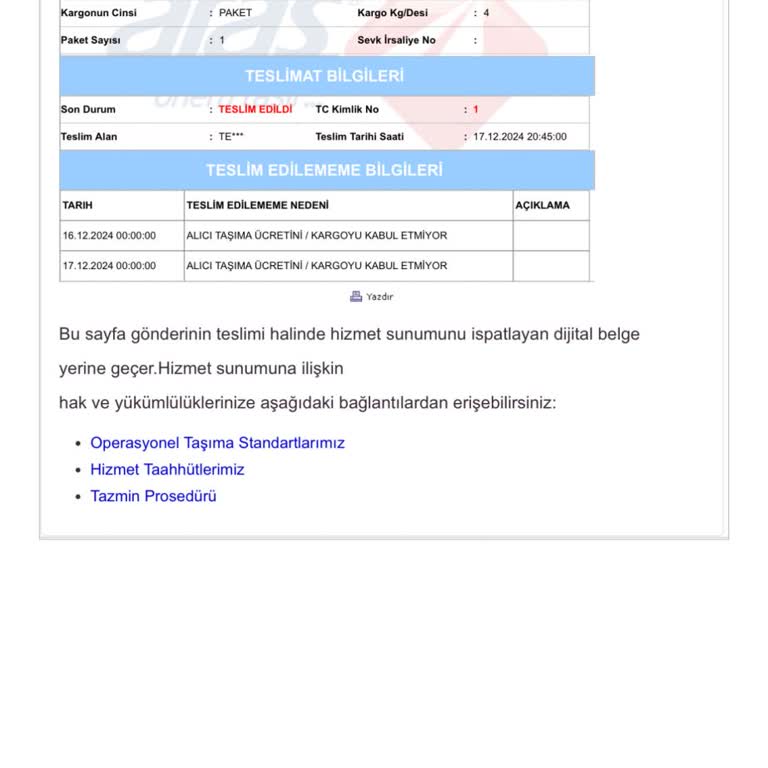 Teslim Edilmeyen Kargo Ve Yanıltıcı Bildirim