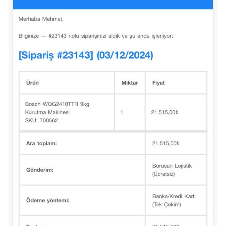 Ürün Teslim Edilmedi: Bosch Kurutma Makinesi Sorunu