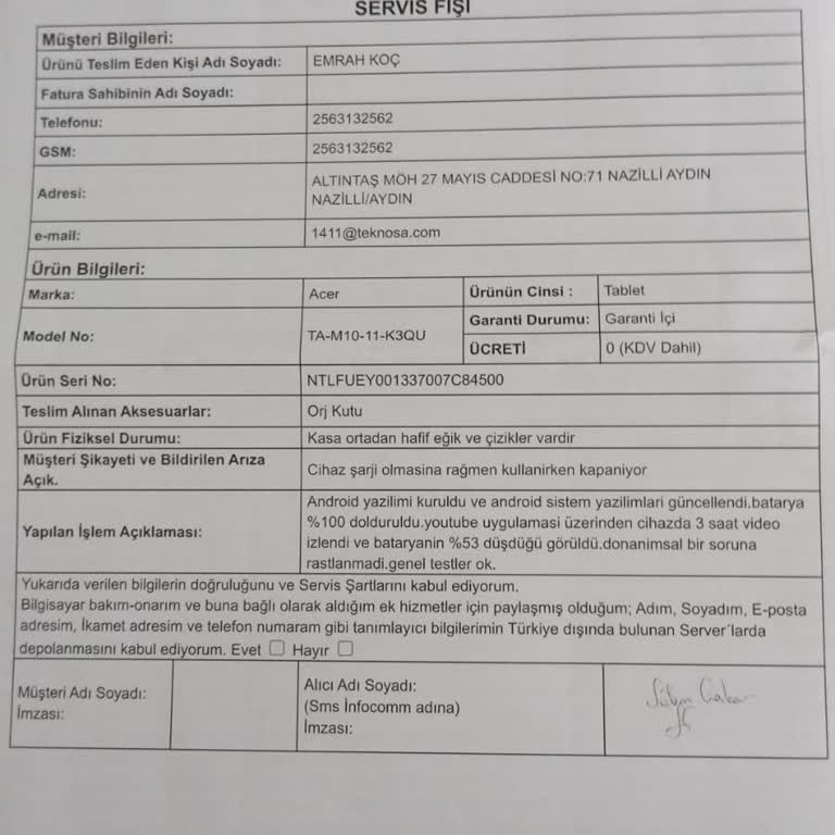 Acer Tablet Servis Süreci Ve Eksik Parça Sorunu