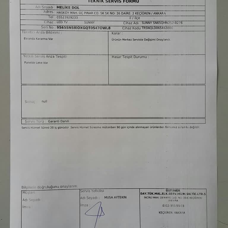 Fabrika Üretim Hatası TV'yi Değiştirmiyor
