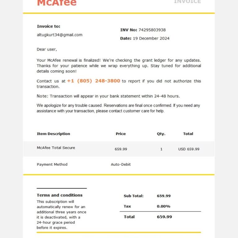 Yetkisiz McAfee Üyelik Ücreti Şoku