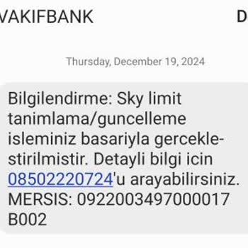 VakıfBank Sky Limit Tanımlama Mesajı