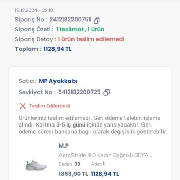 MP Ayakkabıları Kargom Kendiliğinden İptal Edilmiş