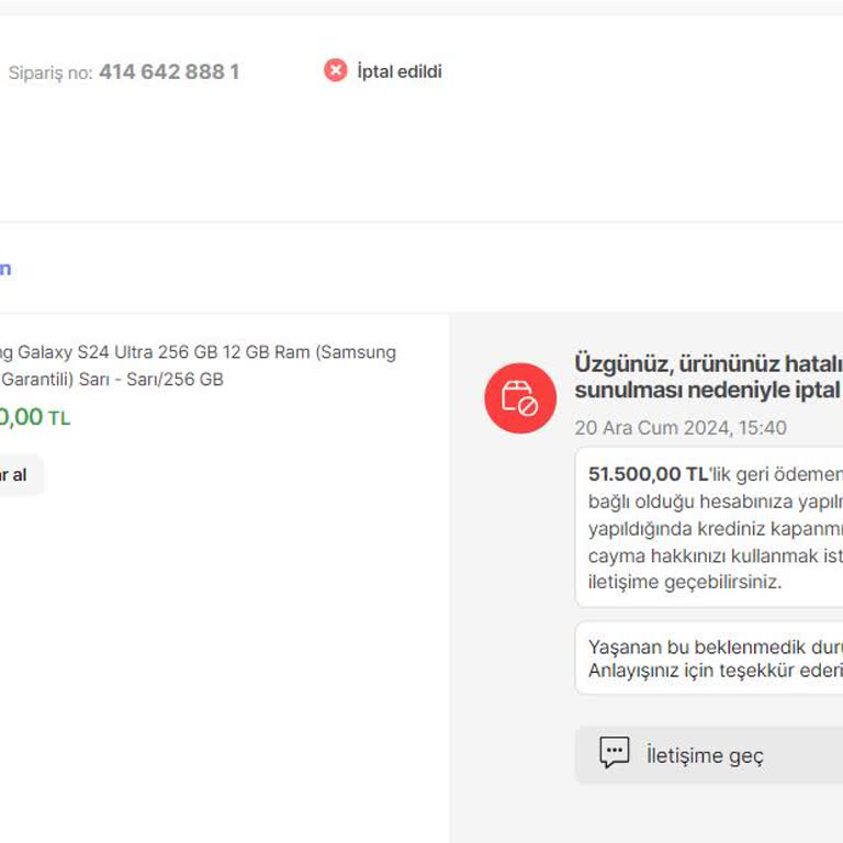 Yanlış Fiyatlandırma Nedeniyle İptal Edilen Sipariş