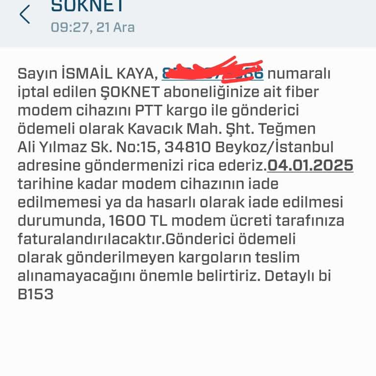 Şok Net'in Hatalı Modem İade Talebi Ve Yanlış Ücretlendirme