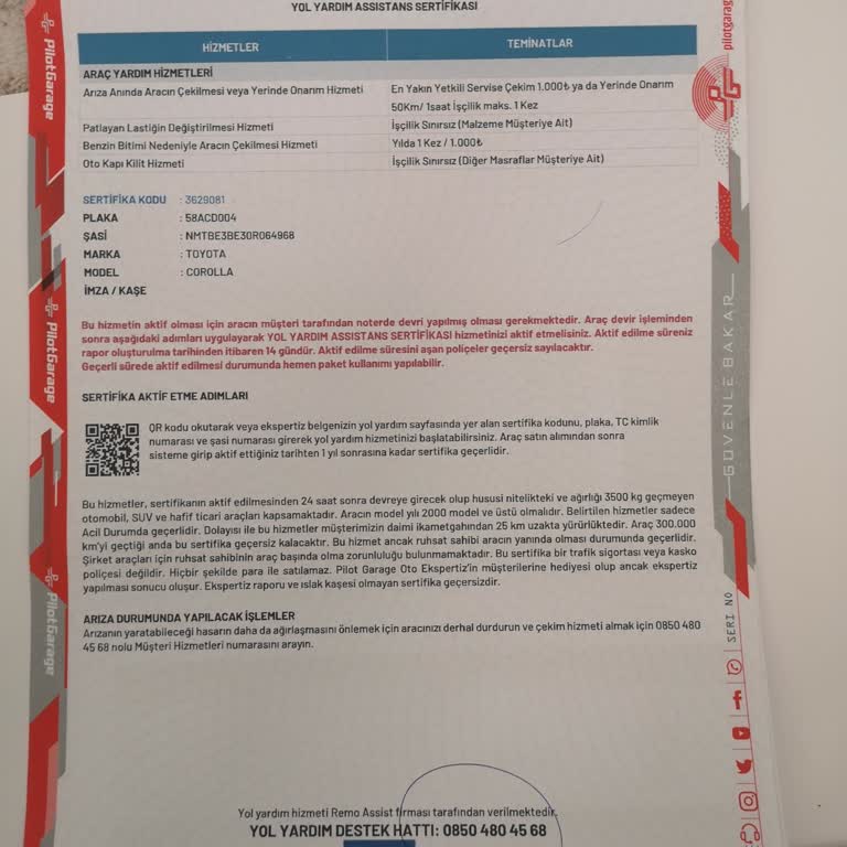 Ücretsiz Yol Yardımı Hizmeti Aktivasyon Sorunu