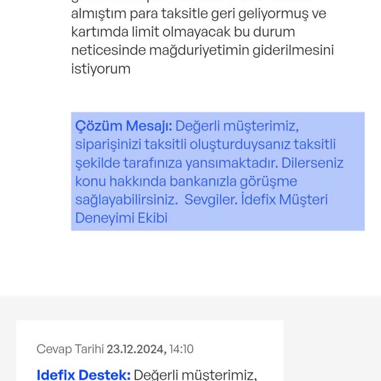 İdefix'ten İptal Edilen Sipariş Ve Taksitli İade Sorunu