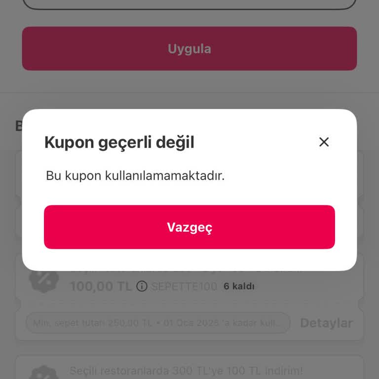 Yemeksepeti İndirim Kuponu Sorunu