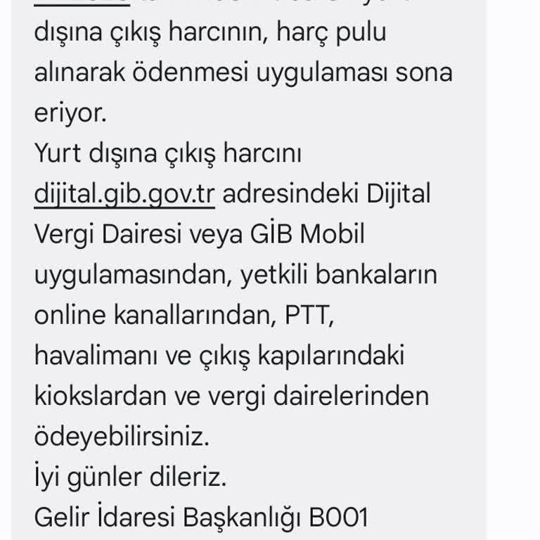 Gelir İdaresi Başkanlığı Yanlış Yurt Dışı Çıkış Harcı Mesajları
