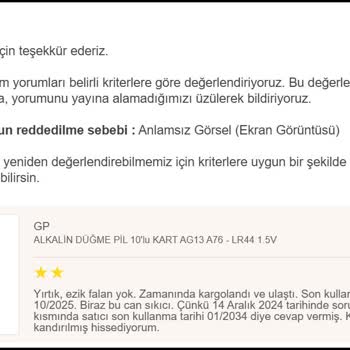 Trendyol Yorumumu Yayınlamıyor: Pil Tarih Sorunu