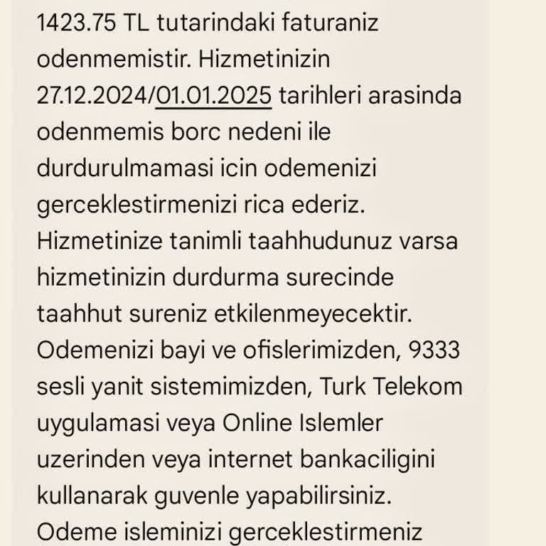 Ödenmeyen Fatura Ve İptal Edilemeyen Paketler