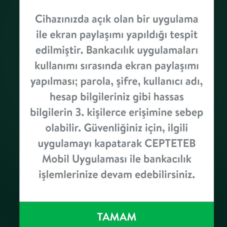 TEB Ekran Paylaşımı Uyarısı Nedeniyle Uygulamaya Giriş Sorunu