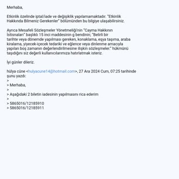 Bilet İptali Konusunda Yanıltıcı Bilgilendirme