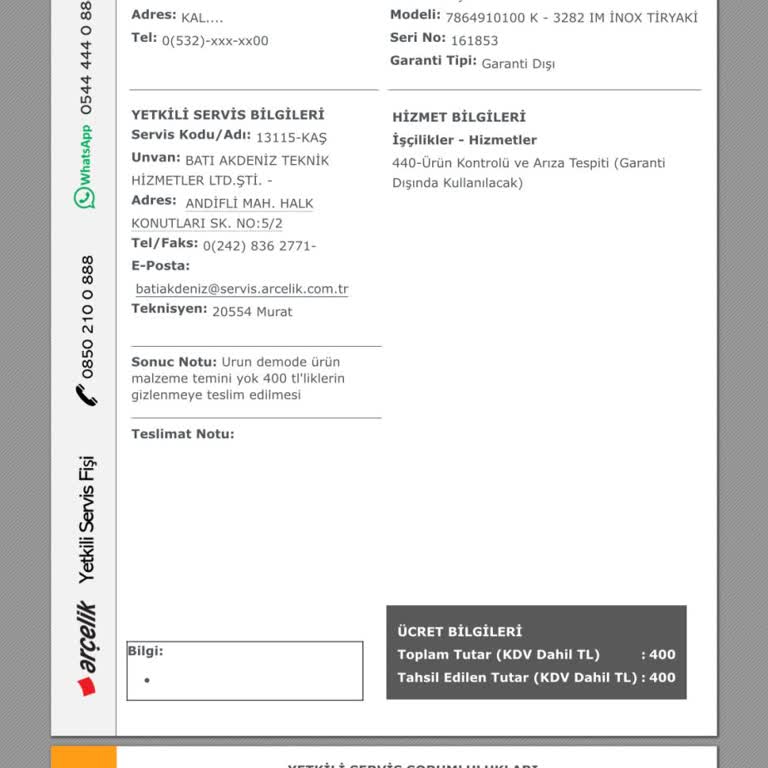 Arçelik Servisinde Hayal Kırıklığı