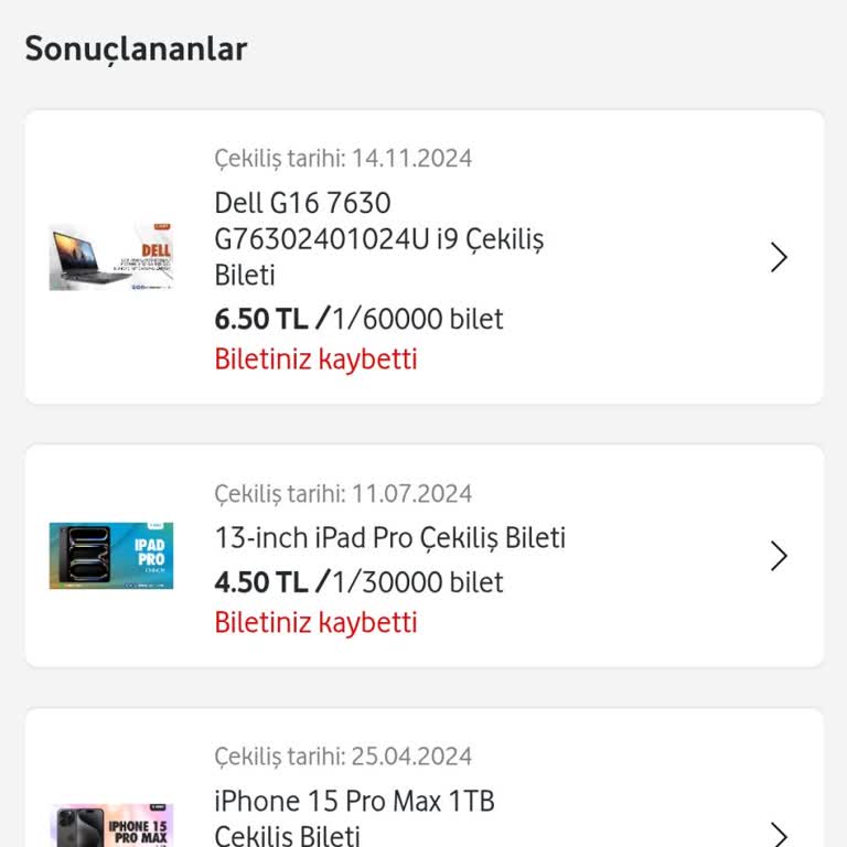 Vodafone Yanımda Uygulamasında Çekiliş Biletleri Görünmüyor
