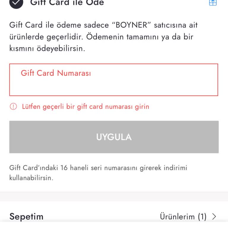 Boyner Uygulamasında Gift Card Hatası