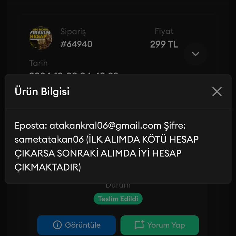 Yanlış Şifreli Hesap Ve Yetersiz Destek