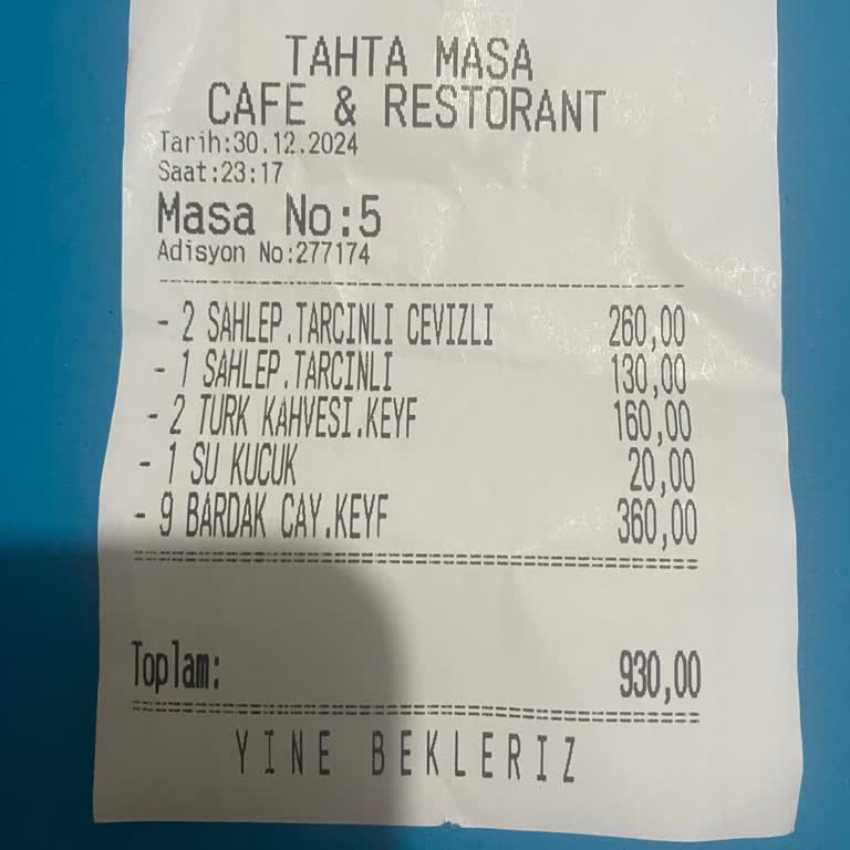 Tahta Masa Restaurant & Cafe'de Yüksek Gelen Hesap