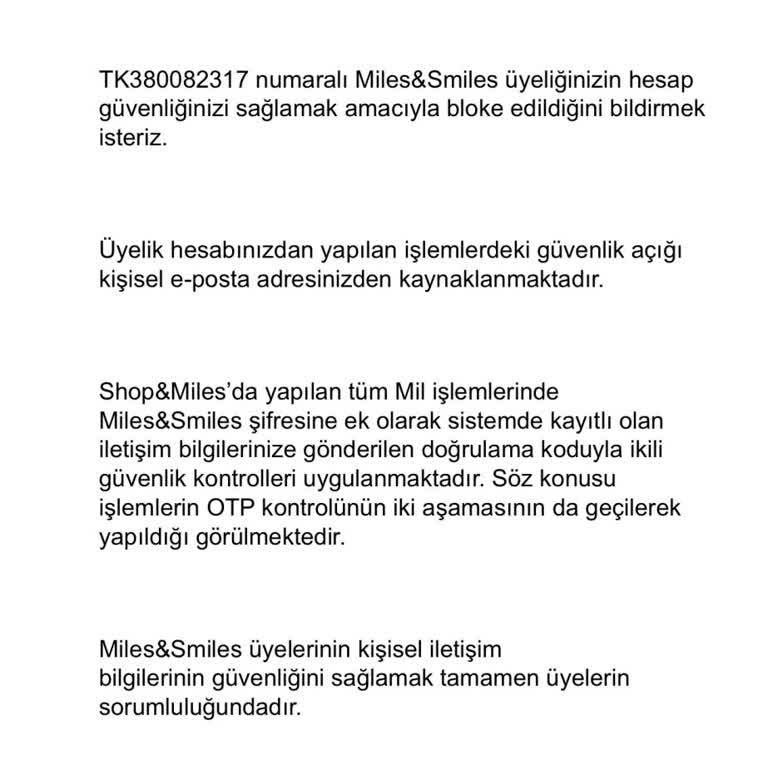 Turkish Airlines Hesabımdan Miler Çalındı