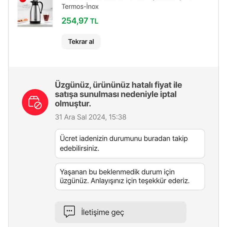 Yanlış Fiyat Girişi Nedeniyle İptal Edilen Sipariş Mağduriyeti