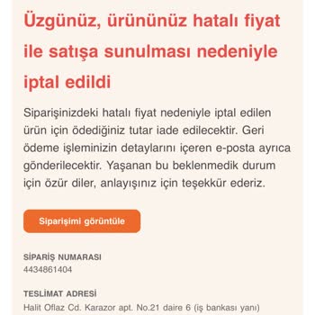 Hatalı Fiyat Nedeniyle İptal Edilen Sipariş Mağduriyeti