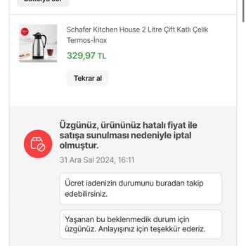 Hatalı Fiyat Nedeniyle İptal Edilen Sipariş Mağduriyeti