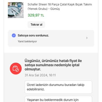Hatalı Fiyat Nedeniyle İptal Edilen Sipariş Mağduriyeti