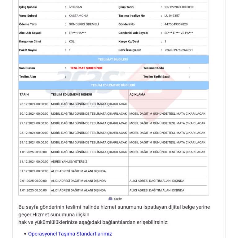 Aras Kargo Kastamonu Şubesinde Yaşanan Teslimat Sorunu
