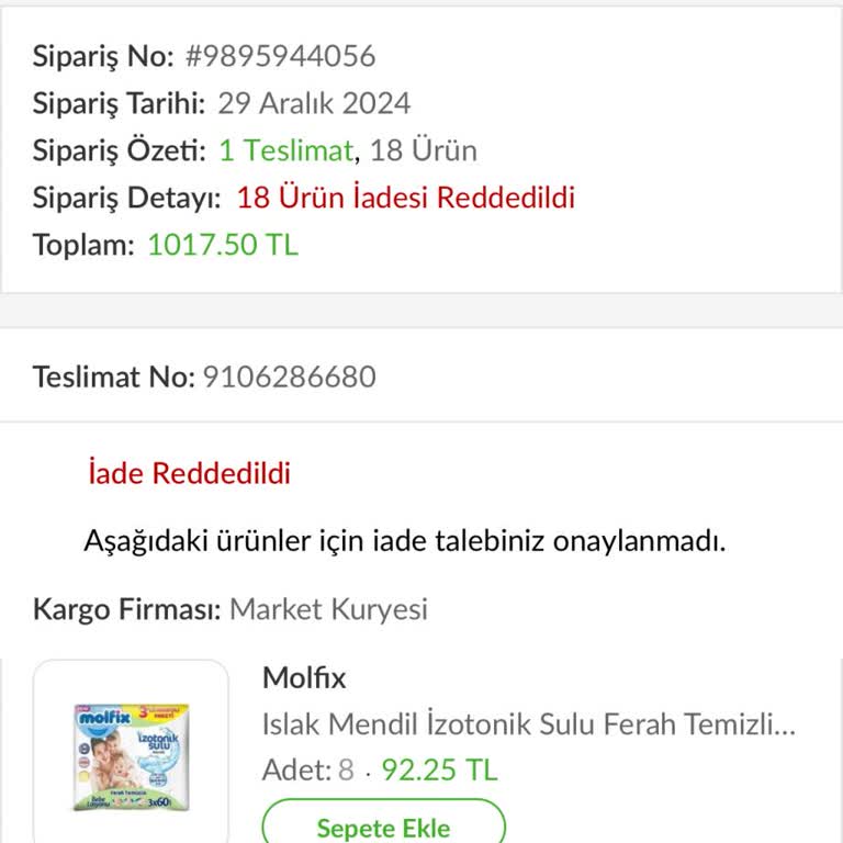 Teslim Edilmeyen Sipariş Ve İptal Sorunu