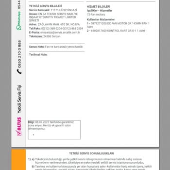 Altus Derin Dondurucu Fan Arızası Ve Değişim Talebi