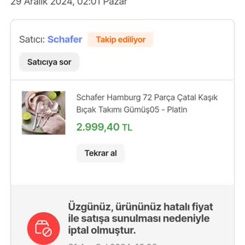 Yanlış Fiyat Gerekçesiyle İptal Edilen Sipariş