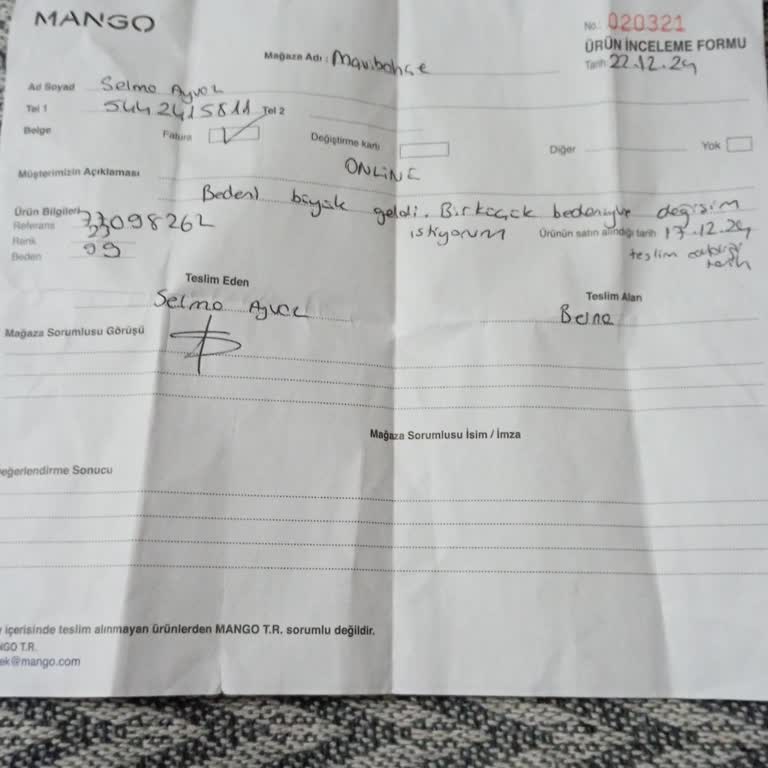 Mango'dan Alınan Montun İade Sorunu