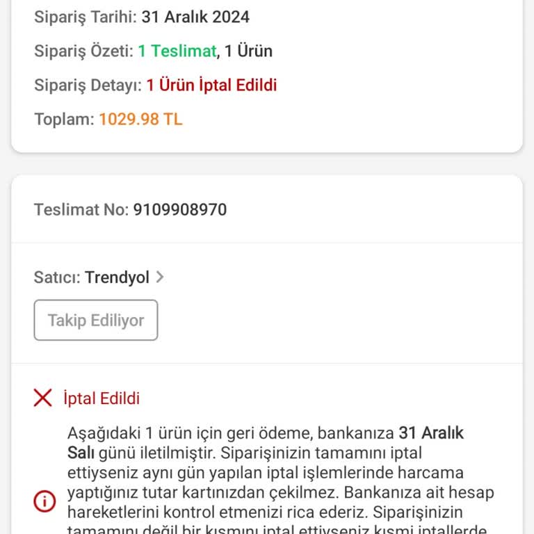 Trendyol'da İptal Edilen Ürünün Ücreti İade Edilmedi