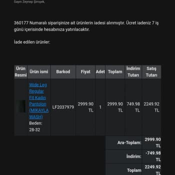 İade Edilmeyen Pantolon Ücreti Mağduriyeti