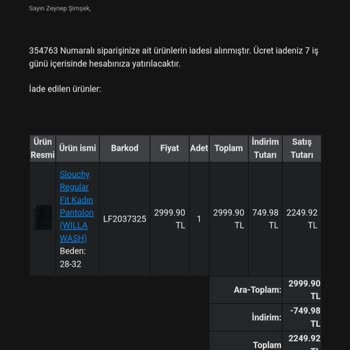 İade Edilmeyen Pantolon Ücreti Mağduriyeti