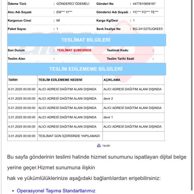 Aras Kargo Natoyolu Şubesi Teslimat Sorunu