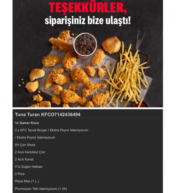 KFC Siparişim Teslim Edilmedi Ve Geri Ödeme Yapılmadı