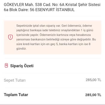 Para İadesi Yapılmayan İptal Edilen Sipariş