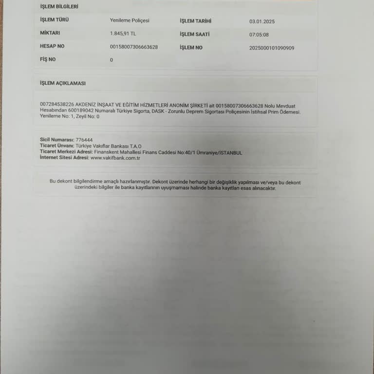 Banka Hesabımdan İzinsiz DASK Çekimi