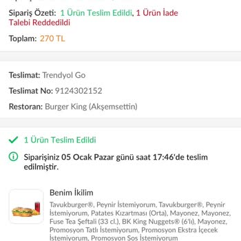 Yanlış Sipariş Ve Soğuk Ürün Mağduriyeti